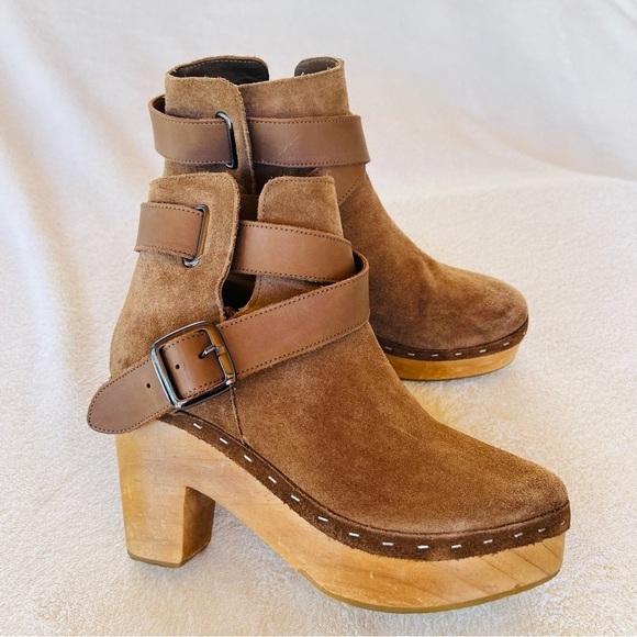 Free People Bungalow Sand Brown Suede Strappy BOHO Wooden Clog Boots SIZE 6 - Picture 13 of 13